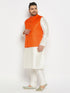 Vastramay Men's Plus Size Orange Matka Silk Nehru Jacket With Cream Silk Blend Kurta and Pant style Pyjama Set